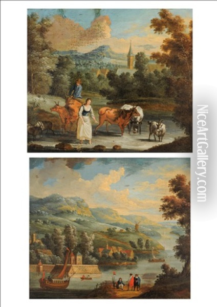 River Landscape With Elegantly Dressed Gentleman On A Path (+ River Landscape With A Drover, Cattle And Goats; Pair) Oil Painting - Isaac de Moucheron