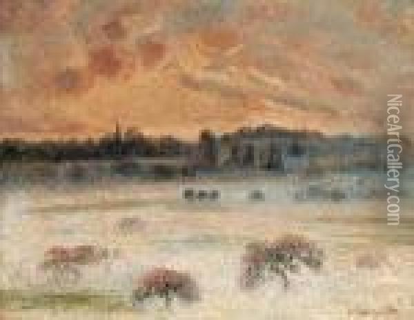 Soleil Couchant Avec Brouillard, Eragny Oil Painting - Camille Pissarro