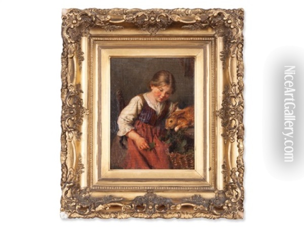 Girl With Rabbit Oil Painting - Felix Schlesinger