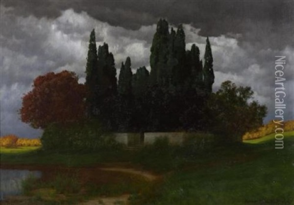 Baumgruppe In Landschaft Oil Painting - Traugott Hermann Ruedisuehli