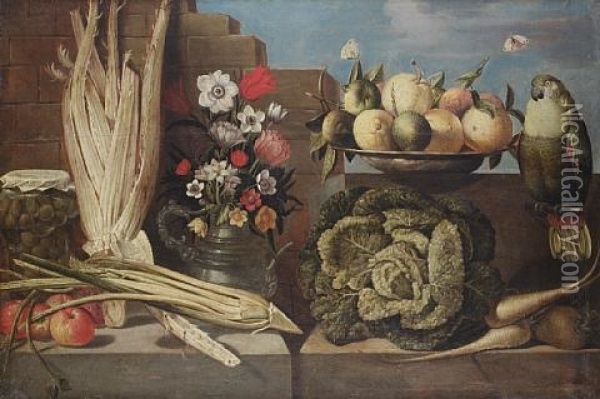 A Pewter Dish Of Lemons With A Vase Of Tulips, Anemones And Other Flowers With A Cabbage, Parsnips And Other Vegetables Before A Stone Wall Oil Painting - Juan Van Der Hamen Y Leon