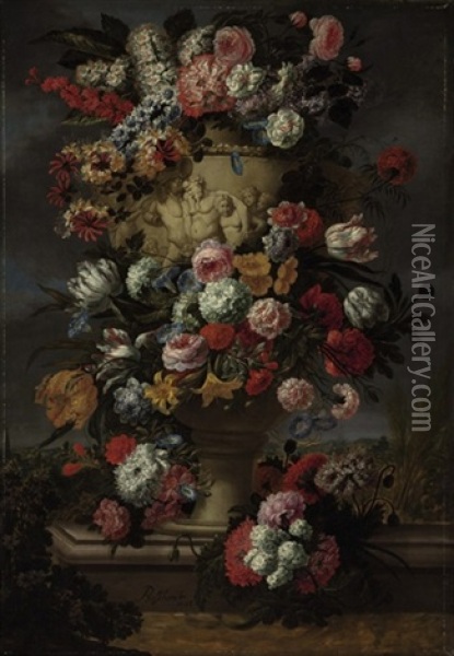 Flowers In A Sculpted Urn In A Landscape Oil Painting - Jan-Baptiste Bosschaert