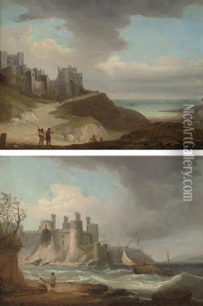 Dover Castle, Kent; And Conway Castle, Carnaervonshire (both Illustrated) Oil Painting - Thomas Whitcombe