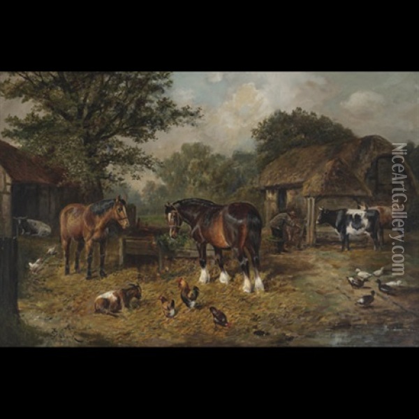 Farmyard With Horses, Cattle And Poultry Oil Painting - Samuel Joseph Clark
