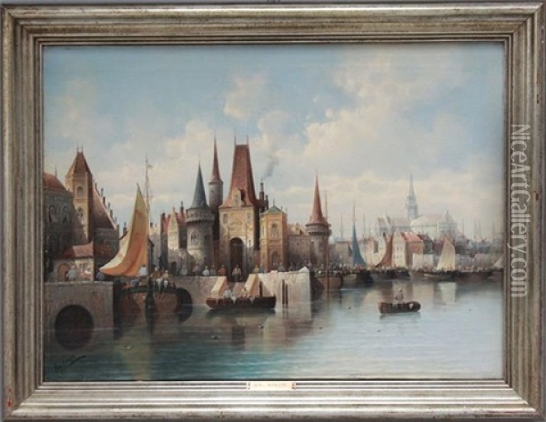 Blick Auf Belebete Hafenstadt Oil Painting - August Siegen