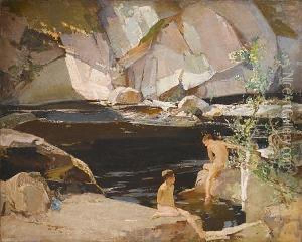 Two Boys Bathing In A Rockpool Oil Painting - Harry Watson