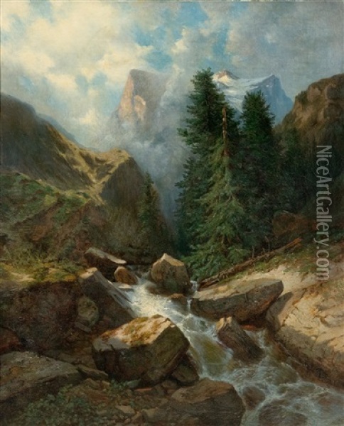 View Of The Wellhorn And Wetterhorn From Rosenlaui Oil Painting - Alexandre Calame