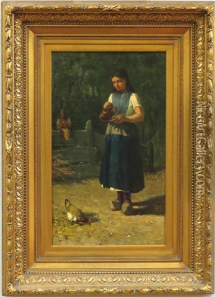 Girl In Wooden Shoes Feeding Chickens Oil Painting - David De La Mar