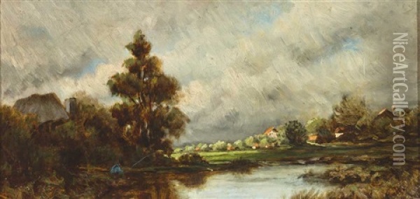 Flusslandschaft Mit Angler Und Malerisch Beleuchteten Gehoften Bei Abziehendem Gewitter Oil Painting - Remigius Adrianus van Haanen