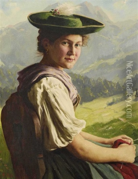 Dirndl Mit Strickzeug Oil Painting - Emil Rau