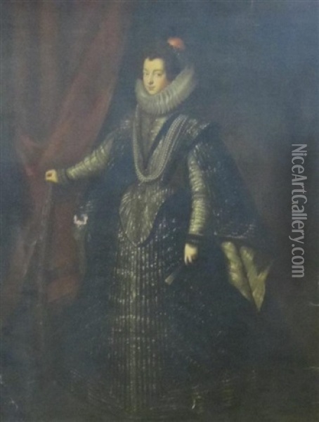 Portrait Of A Lady, Said To Be Isabella Of Bourbon Standing Full Length In An Interior, Wearing A Striped Court Dress, And White Ruff Oil Painting - Diego Velazquez