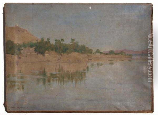 Desert Landscape By The Shore Of Ariver,lake, 
Or Sea Oil Painting - Robert David Gauley