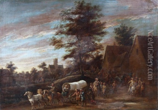 Un Convoi Traversant Un Village Oil Painting - Lambert de Hondt