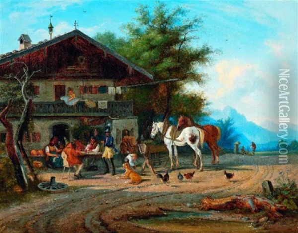 Postreiter In Lustiger Runde Vor Einem Wirtshaus, Daneben Zwei Packpferde Oil Painting - Heinrich Buerkel