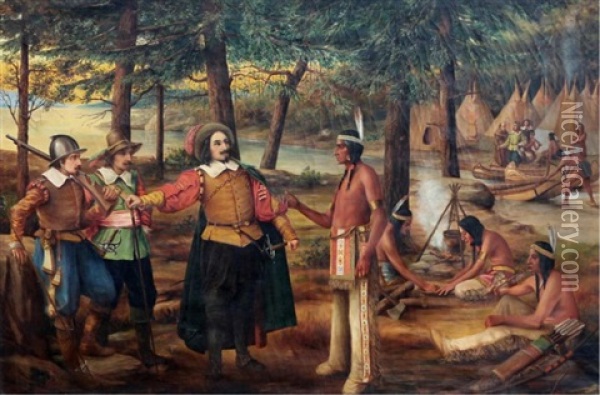Samuel De Champlain Meets With The Indigenous Peoples Oil Painting - Henry Metzger