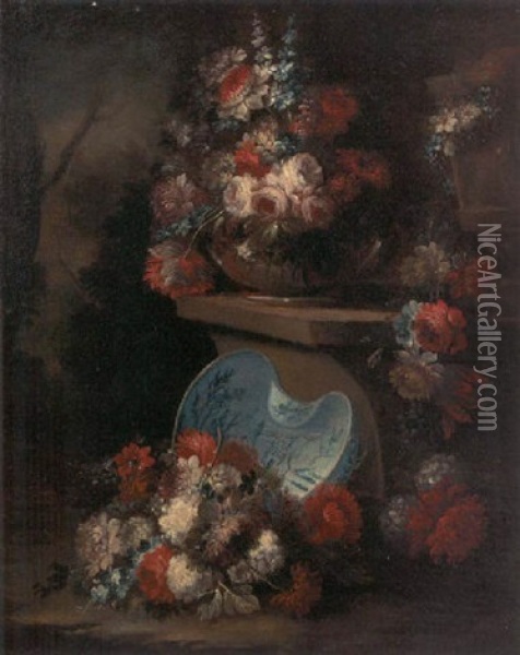 Roses, Carnations And Narcissi In A Glass Bowl On A Stone Ledge, With A Porcelain Dish Of Roses, Carnations And Narcissi Beneath Oil Painting - Gasparo Lopez
