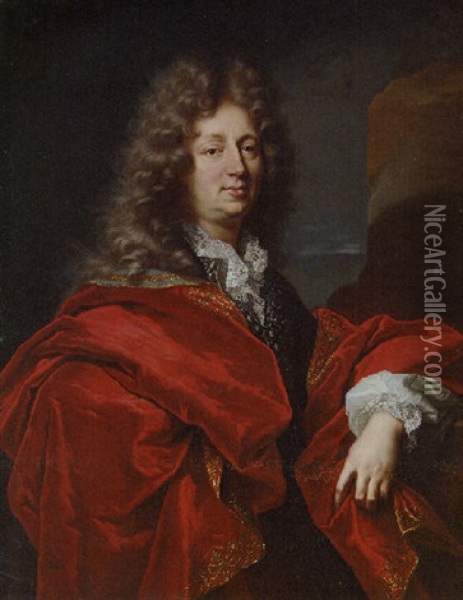 Portrait Of A Gentleman In A Brown Jacket And Gold Embroidered Red Mantle Oil Painting - Hyacinthe Rigaud