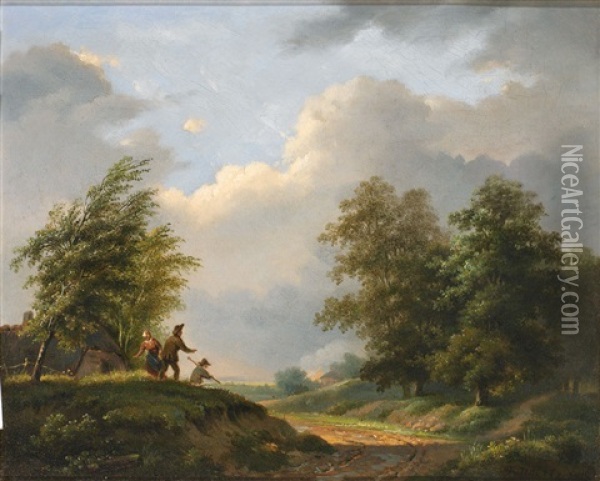 Von Einem Feuer Auf Offenem Feld Aufgeschreckte Bauern In Sommerlicher Landschaft Oil Painting - Henricus-Franciscus Wiertz