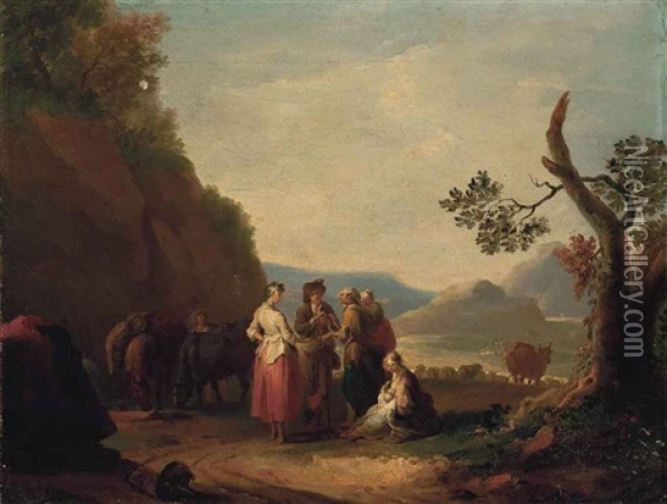 A Fortune Teller On A Path In A Mountainous Wooded Landscape, Sheep Beyond Oil Painting - Thomas Barker