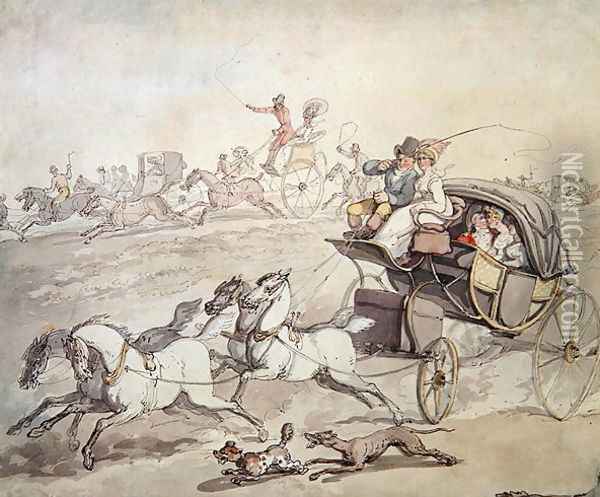 Carriages and Riders at Full Speed Across Open Grassland, c.1800 Oil Painting - Thomas Rowlandson