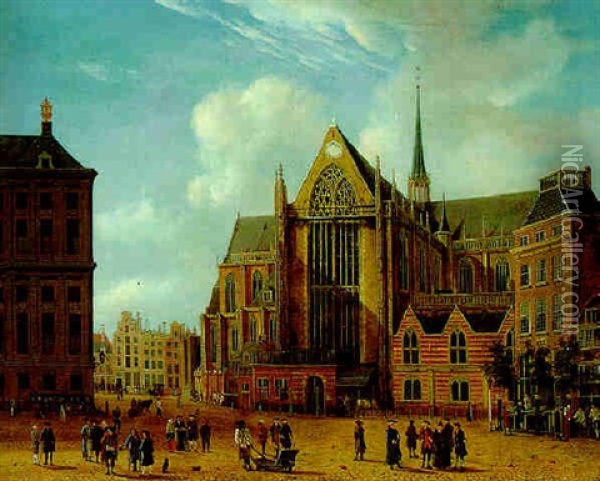 Amsterdam, A View Of The Dam Square With The Nieuwe Kerk To The Right Oil Painting - Jan Ekels the Elder