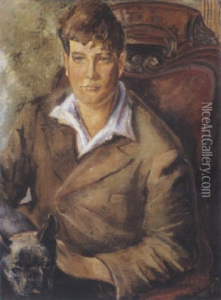 Portrait De Jeune Homme Au Chien Oil Painting - Alexis Paul Arapov