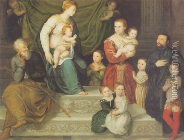 The Virgin And Child Enthroned With Saint Joseph, And A Donor Family With Six Children Oil Painting - Antonio Badile