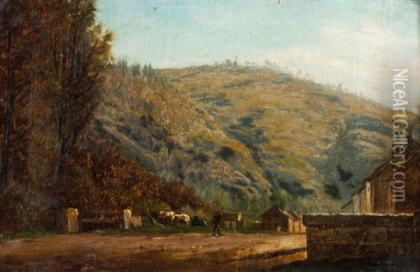 Landscape With Mountain, Houses And Animals Oil Painting - Gerard Joseph Adrian van Luppen