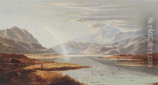 A Shepherd In A Loch Landscape, A Rainbow Beyond Oil Painting - Charles Leslie