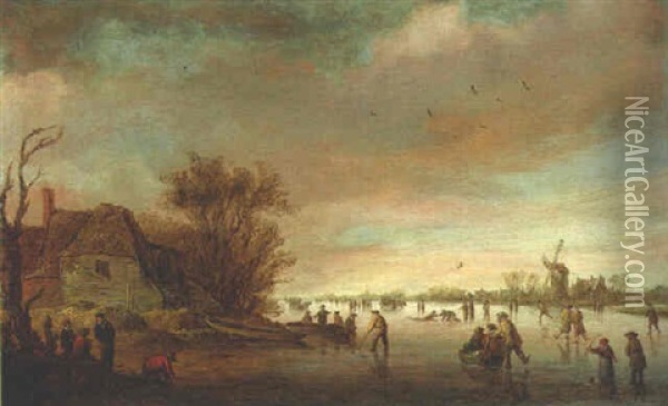 A Frozen River With Townsfolk Skating And Playing Colf Oil Painting - Jan Coelenbier