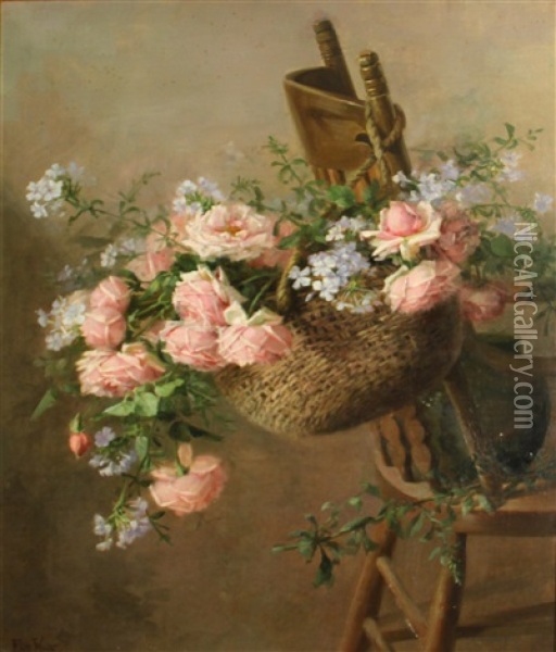 A Basket Of Roses Suspended From A Chair Oil Painting - Edith White