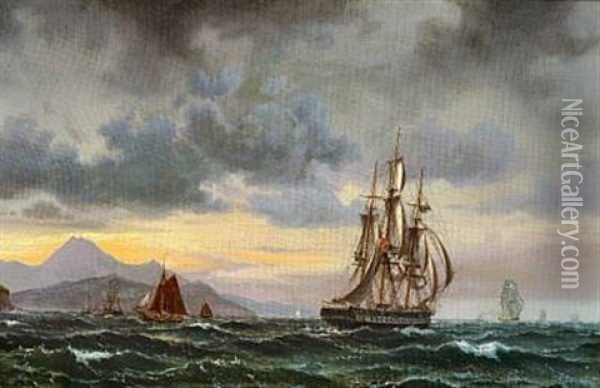 An English Three-masted Frigate And Several Sailing Ships Off A Rocky Coast Oil Painting - Vilhelm Melbye