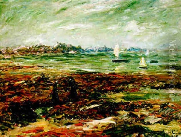 Barques Sous Voiles Et Bretonnes Sur La Greve Oil Painting - Henry Moret