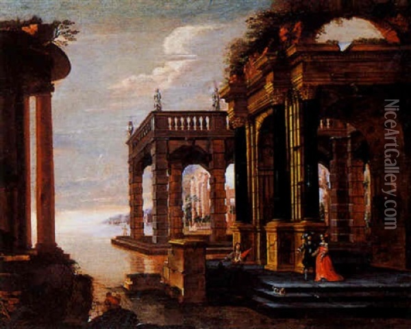 A Capriccio View Of A Classical Palace Architecture With An Elegant Company Near Water Oil Painting - Jacob Ferdinand Saeys