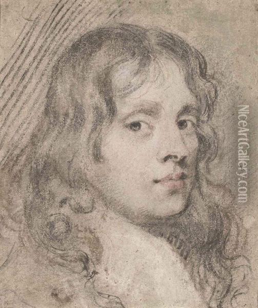 Portrait Study Of A Young Man, Bust-length, With Long Flowinghair Oil Painting - John Greenhill