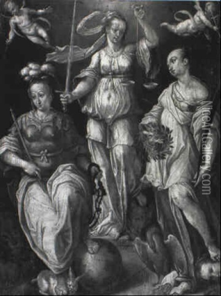 Allegories Of Justice, Fortitude And Fame Oil Painting - Jan van der Straet (Stradanus)