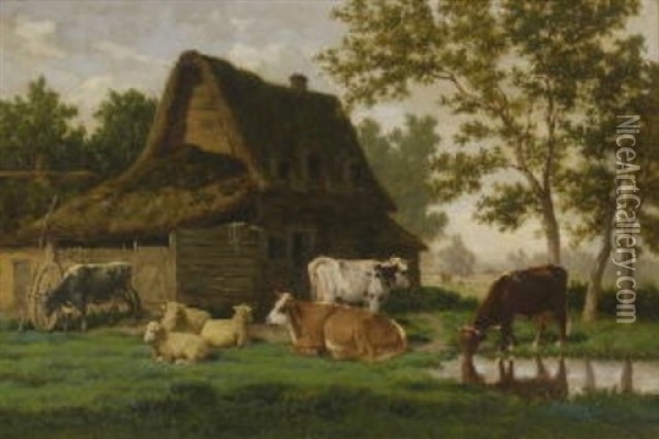 Kuhe Und Schafe Vor Dem Bauernhaus Oil Painting - Louis Coignard