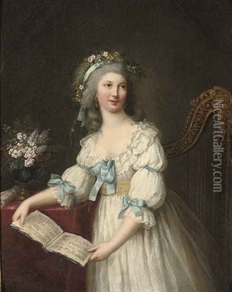 Portrait Of Marie-francoise Dumesnil (1713-1803), Three-quarter-length, In A White Dress With Blue Ribbons And A Yellow Sash, Flowers In Her Hair, A Musical Score In Her Hands, Oil Painting - Marie-Victoire Lemoine