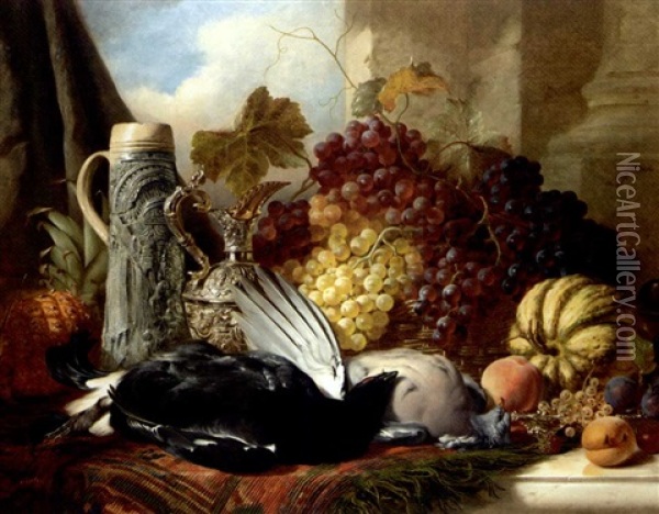 Still Life Of Black Cock, Wood Pigeon, A Stein, Silver Gilt Claret Jug And Red Grapes, A Gourd, Peaches, Plums, Whitecurrants And Raspberries Oil Painting - William Duffield