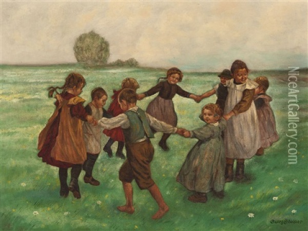 Spielende Kinder In Sommerlicher Landschaft Oil Painting - Georg Stolper