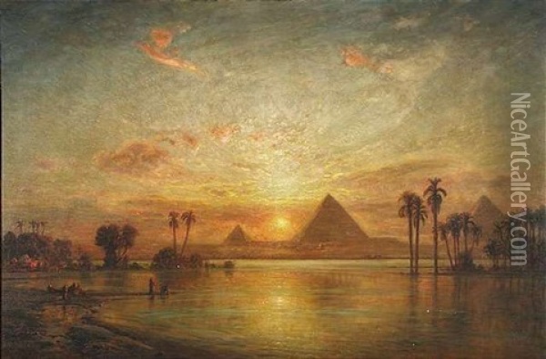 Blick Uber Den Nil Auf Die Pyramiden Von Gizeh Bei Sonnenuntergang Oil Painting - Ernest Karl Eugen Koerner