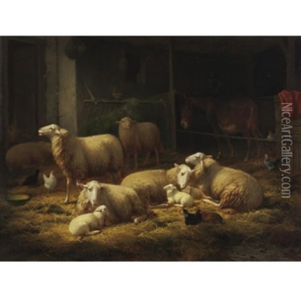 Sheep In A Barn Oil Painting - Theo van Sluys