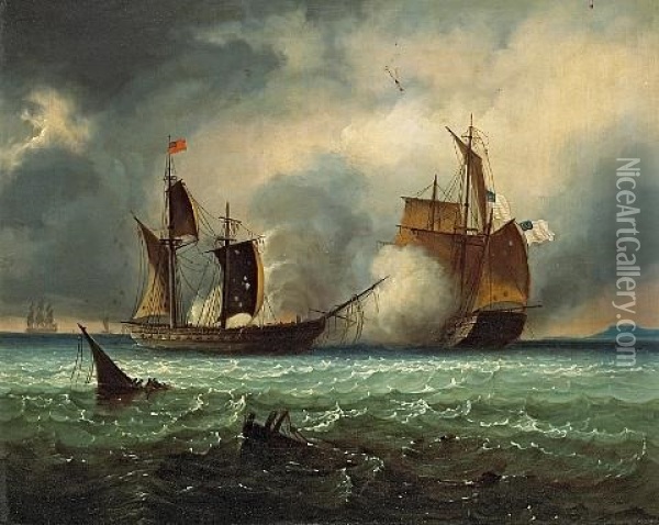 An American Corvette Victorious Over A British Frigate Oil Painting - Ferdinand Victor Perrot