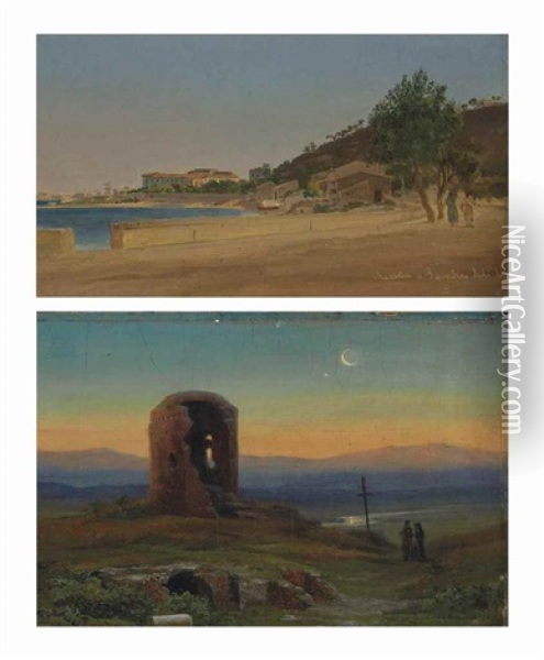 Vue De Messine (1); Et Ruines Dans La Campagne Romaine Ou Torre Del Diavolo (2) Oil Painting - Thorald Laessoe