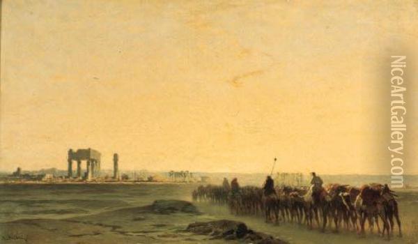 Carovana In Marcia Presso Rovine (1858 Circa) Oil Painting - Alberto Pasini