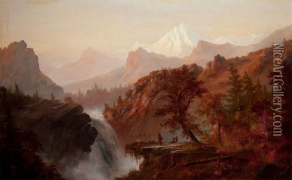 In The Rockies (indians At Waterfall) Oil Painting - Alexander Francois Loemans