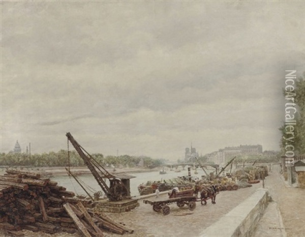 Activities On The Quay Of Ille St. Louis, Paris Oil Painting - Marie Francois Firmin-Girard