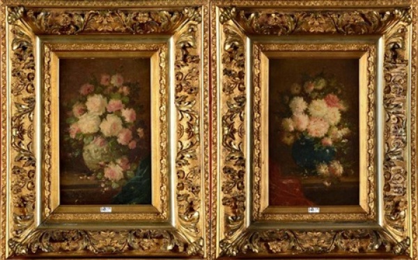 Vases De Fleurs Sur Un Entablement (pair) Oil Painting - Francois Backvis