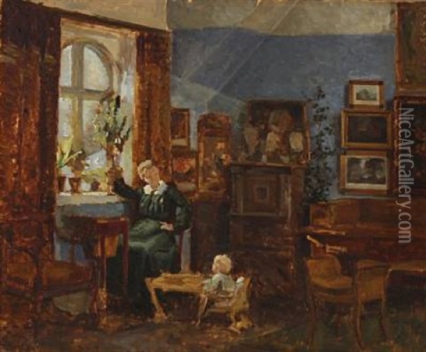 Interior With Mother And Child Oil Painting - Sigurd Wandel