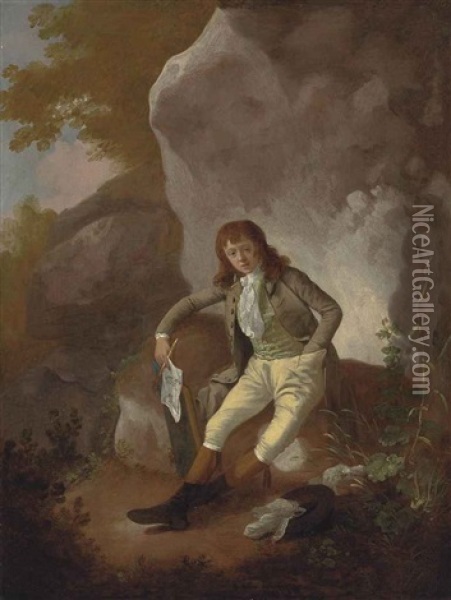 Portrait Of A Boy, Full-length, In A Frock Coat, A Green Striped Waistcoat And A Neckcloth, Beige Breeches And Stockings, Holding A Drawing And A Sketchbook, Resting In A Rocky Landscape Oil Painting - Julius Caesar Ibbetson